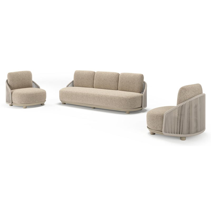 Salon de jardin Vadelo en aluminium beige et corde ronde tissée verticalement beige et coussins en all weather cosytica bora jungle