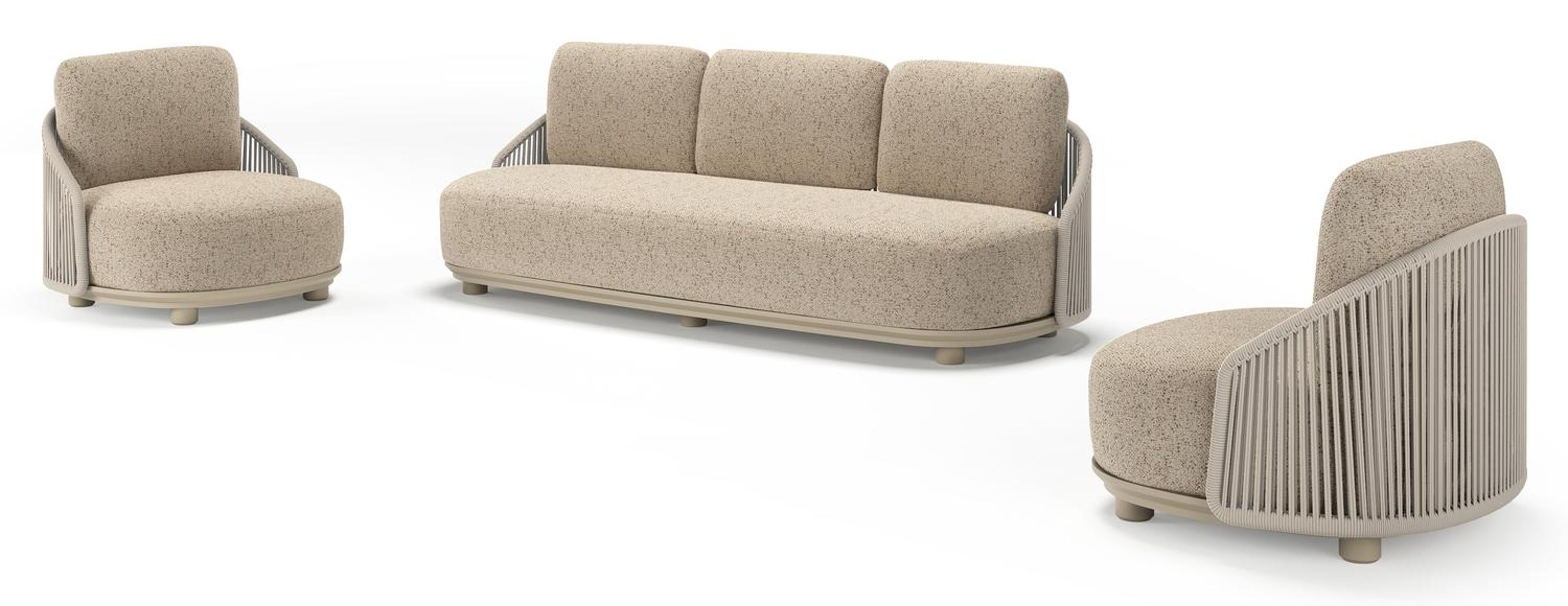 Vadelo loungeset in beige aluminium en beige verticaal geweven ronde rope met bora jungle all weather cosytica kussen