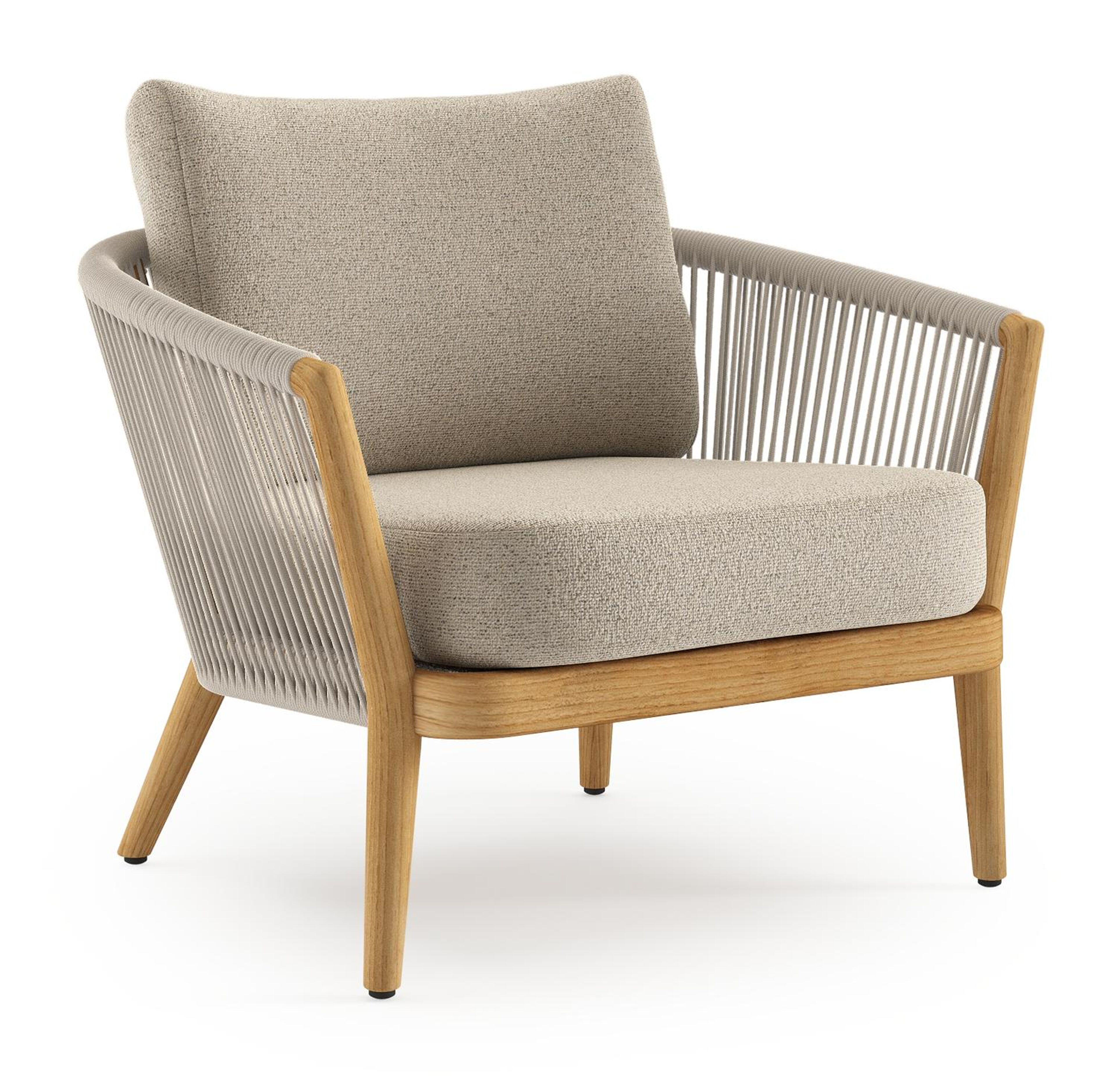 Fauteuil de jardin Orso en tecken corde ronde tissée verticalement beige et coussins en all weather cosytica Marbella Beige