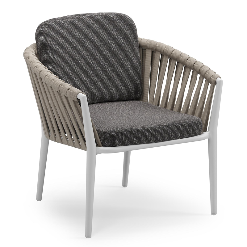 Orso low dining tuinstoel in wit aluminium en beige verticaal geweven luxe vlakke brede rope met stoelkussen in All Weather Solica Firenze Tunder