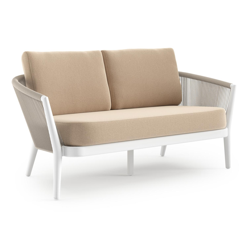 Orso loungebank in wit aluminium en beige verticaal geweven ronde rope met Natte Heather Beige all weather sunbrella® luxe kussen