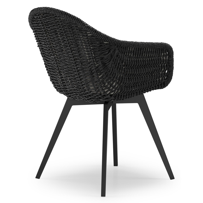 Pagino tuinstoel in zwart aluminium en zwart ronde wicker met zitkussen in All Weather Sunbrella® Luxe Savane Nimbus