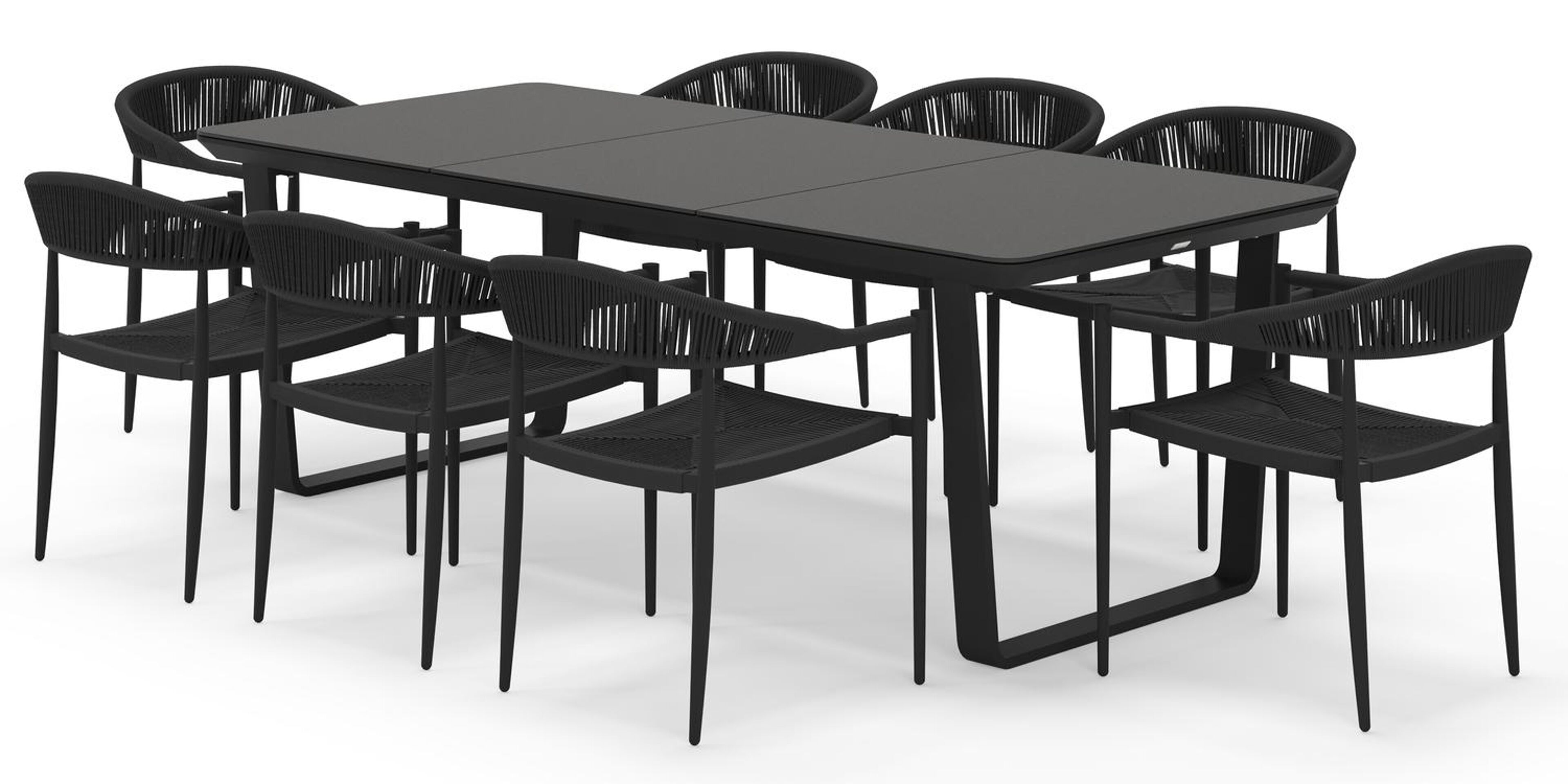 Alora tuinset afgerond rechthoekig in zwart aluminium en sintered stone zwart met 8 Guarda tuinstoelen