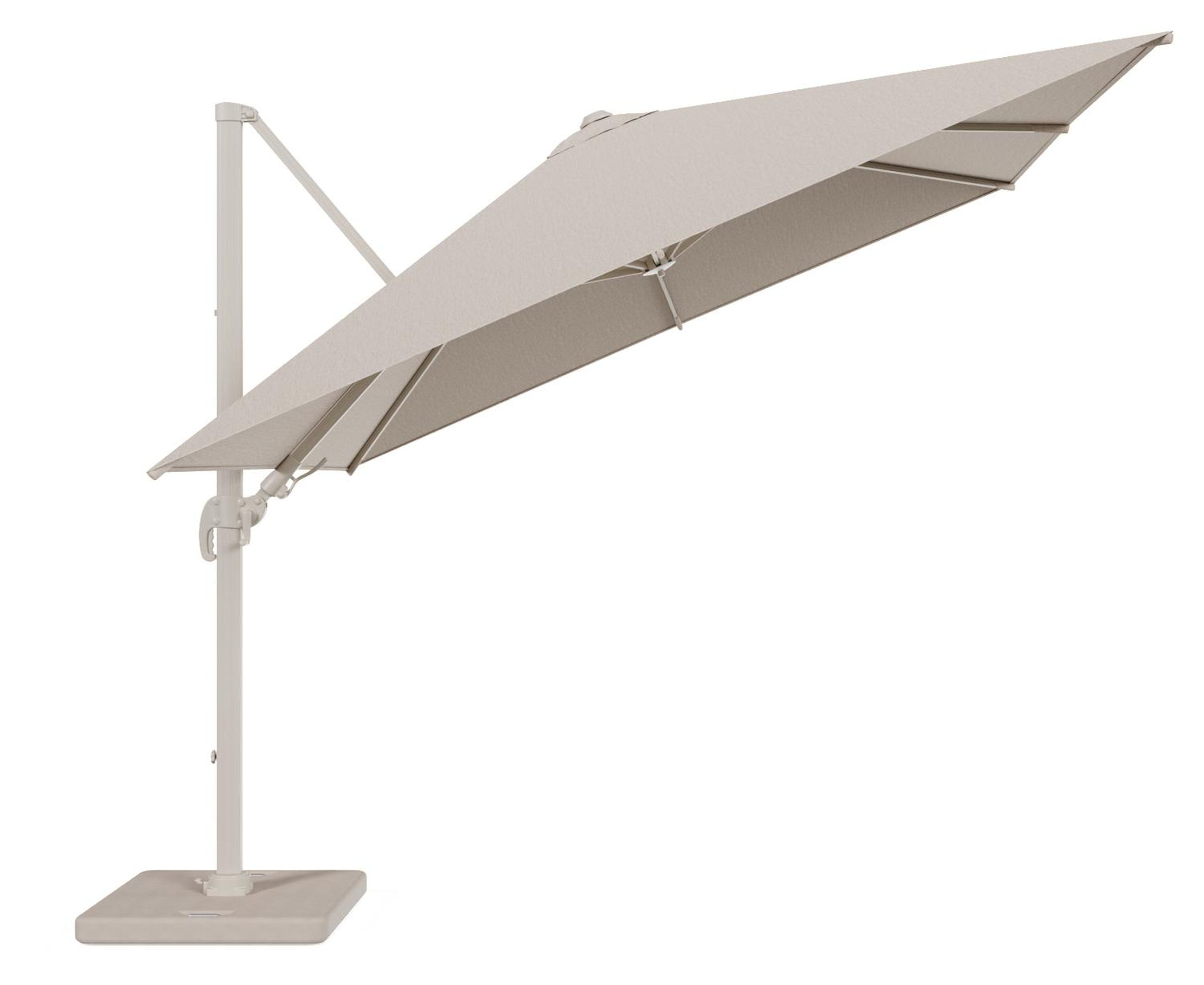 Avola zweefparasol met tiltfunctie in beige aluminium en rustic Weather+ Softtouch parasoldoek - L1 300 x L2 300 cm met parasolvoet Pedito 120 kg