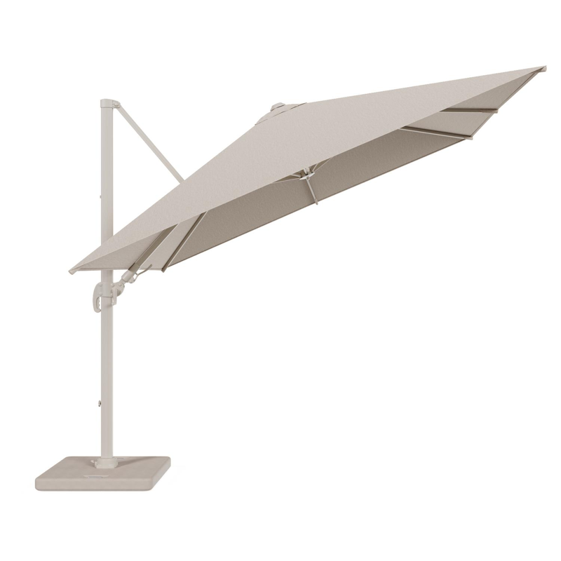 Avola zweefparasol met tiltfunctie in beige aluminium en rustic Weather+ Softtouch parasoldoek - L1 300 x L2 300 cm met parasolvoet Pedito 120 kg