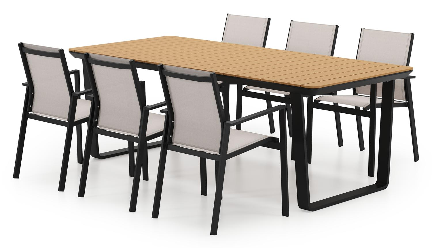 Ensemble de jardin Alora en aluminium noir et polywood avec 6 chaises de jardin empilable Bahia