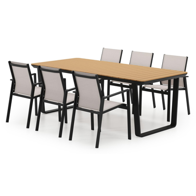 Ensemble de jardin Alora en aluminium noir et polywood avec 6 chaises de jardin empilable Bahia