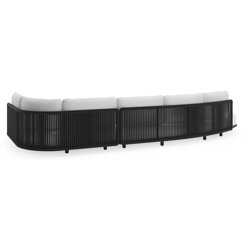 Salon de jardin d'angle Lomano en aluminium noir et corde luxe plate tissée verticalement noir et coussins en all weather solica ego birch