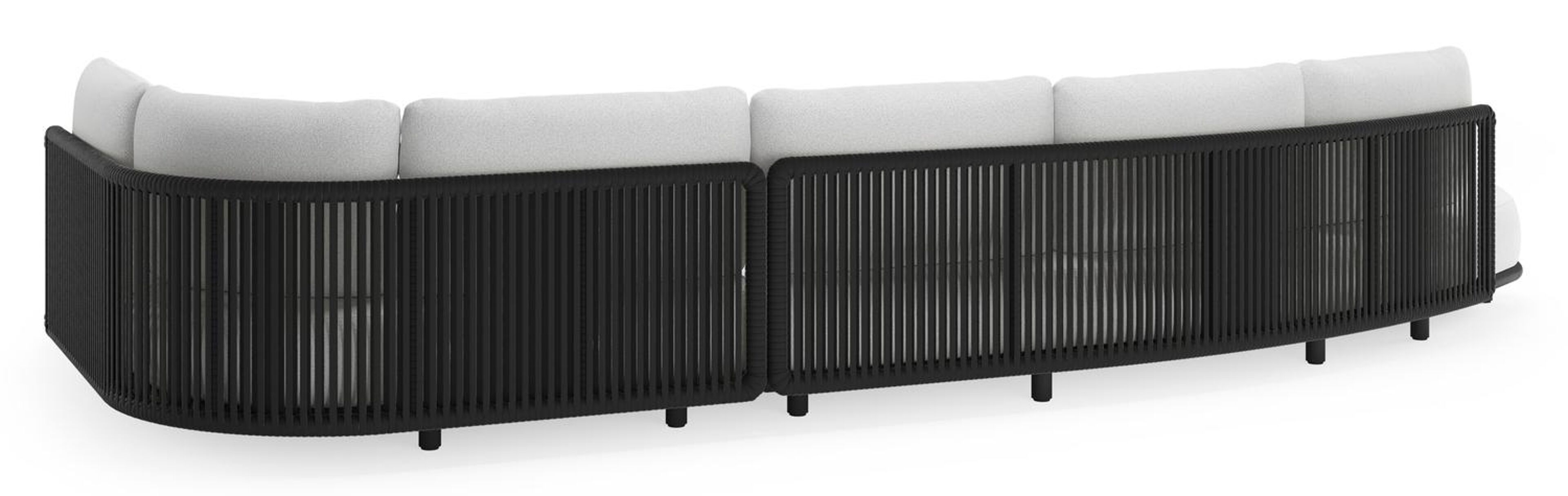 Lomano loungehoek in zwart aluminium en zwart verticaal geweven luxe vlakke rope met ego birch all weather solica kussen