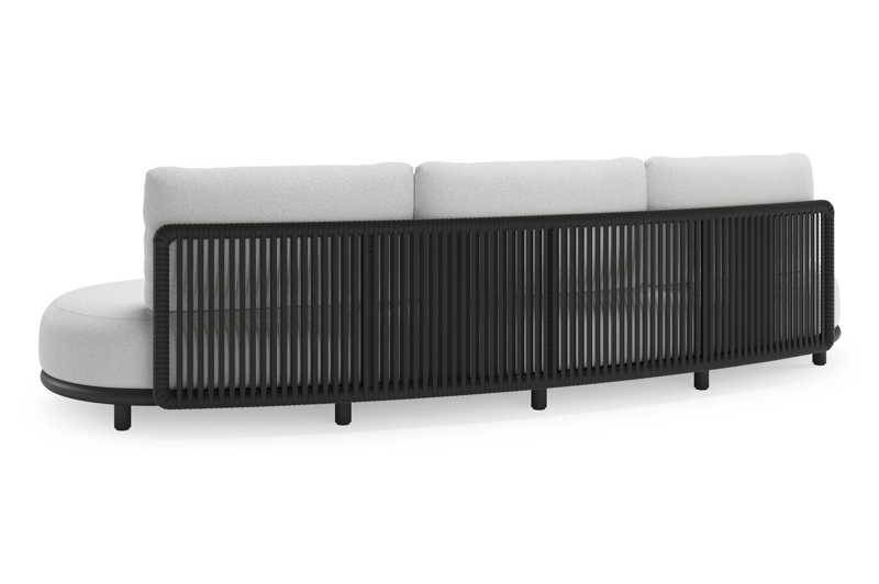 Lomano loungebank in zwart aluminium en zwart verticaal geweven luxe vlakke rope met ego birch all weather solica kussen