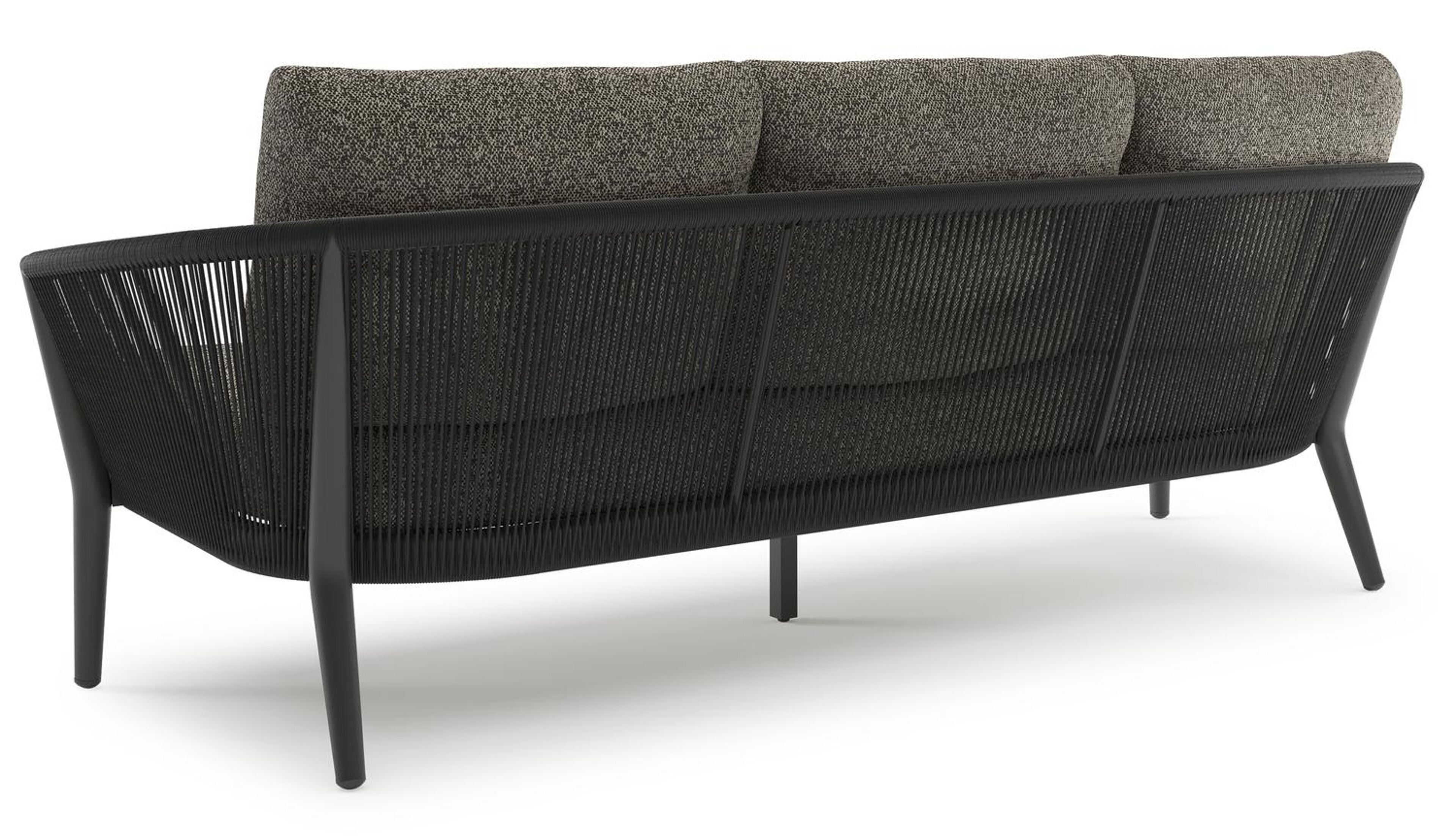 Orso loungebank in zwart aluminium en zwart verticaal geweven ronde rope met Marbella Tunder all weather cosytica kussen