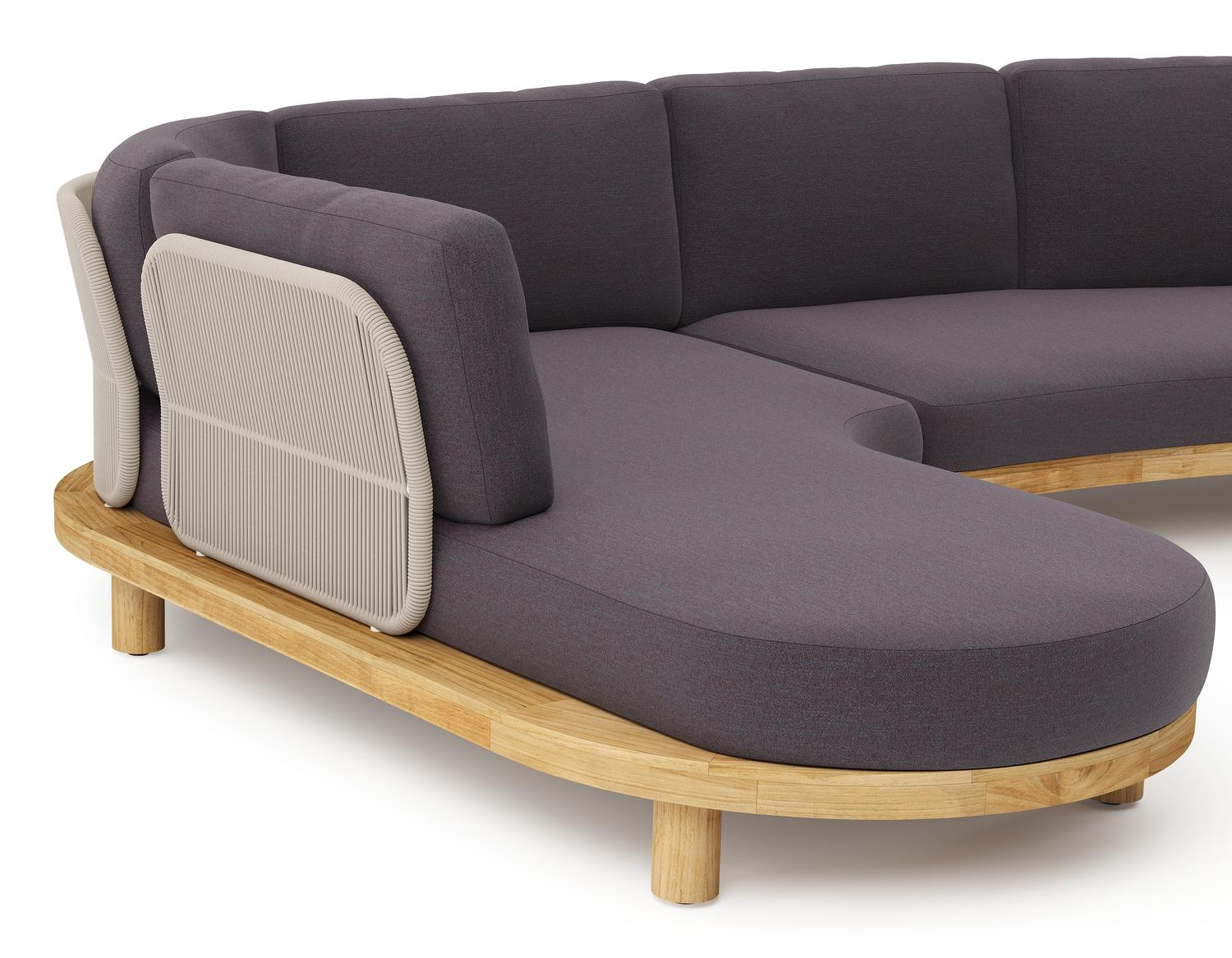 Donato loungehoek in teak en beige verticaal geweven ronde rope met all weather sunbrella® luxe Tundra Red kussen