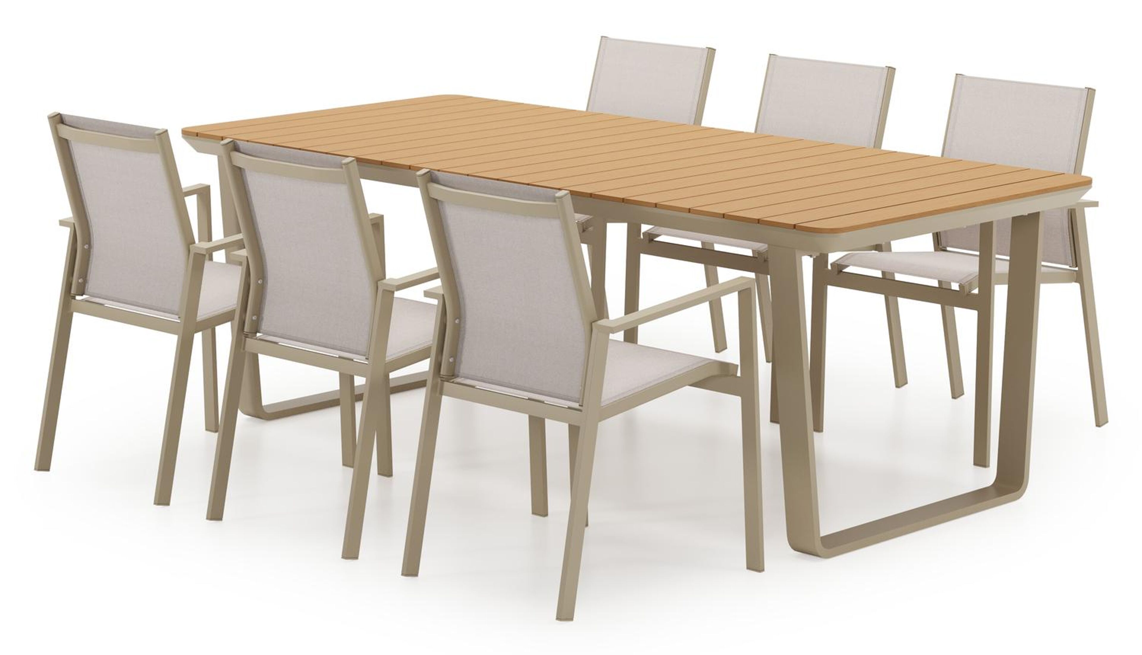 Ensemble de jardin Alora en aluminium beige et polywood avec 6 chaises de jardin empilable Bahia