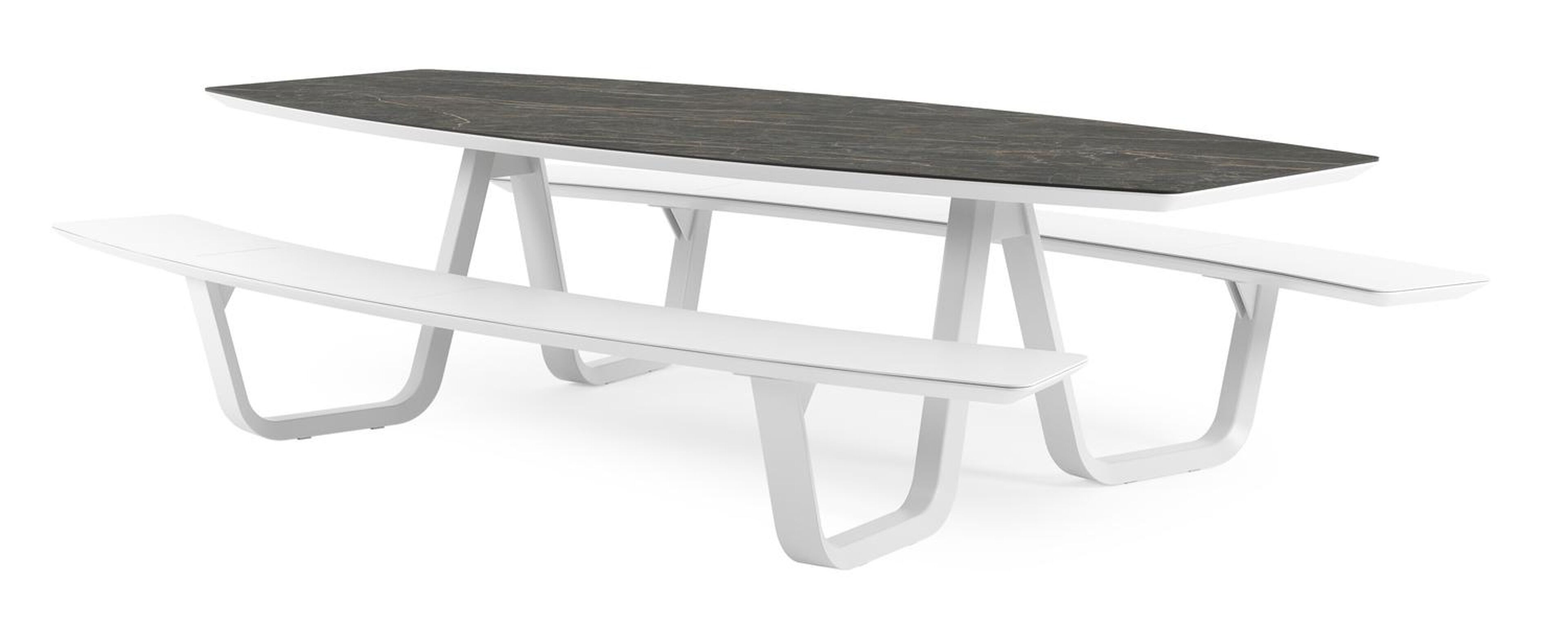 Table de pique-Forno forme de bateau en aluminium blanc et céramique pleine Black Obsession - Lg. 280 x Lrg. 192 x Haut. 72 cm