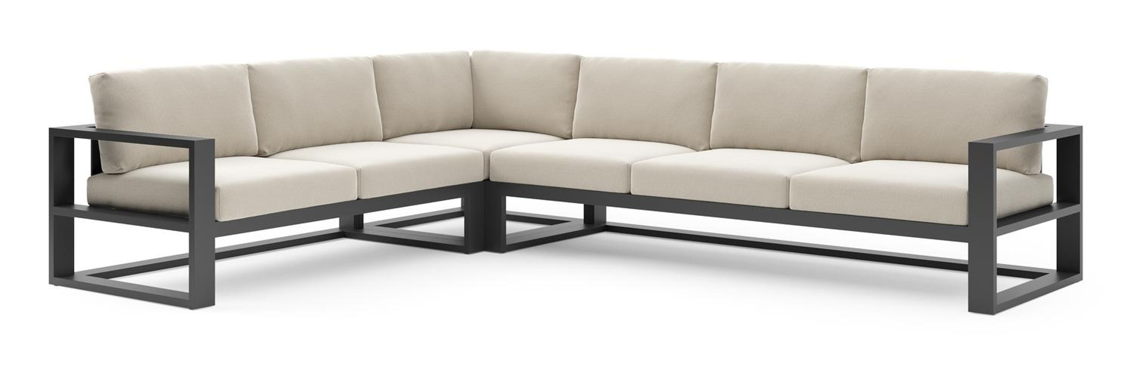 Salon de jardin d'angle Verato en aluminium noir et coussins en all weather sunbrella® luxe lopi marble