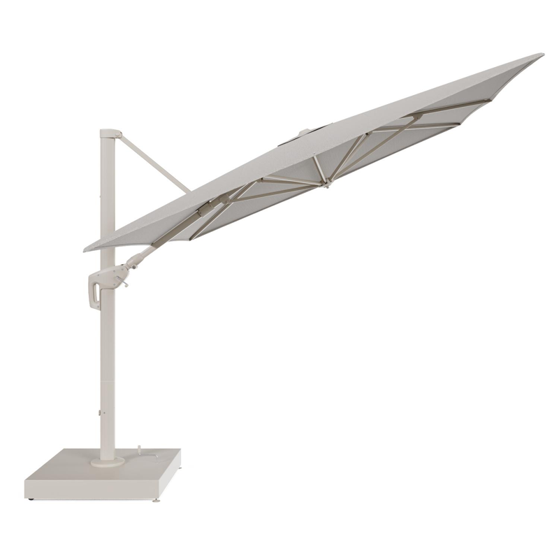 Minore zweefparasol met tiltfunctie in beige aluminium en Firenze Sand All Weather Solica parasoldoek - L1 400 x L2 300 cm met parasolvoet Minore 260 kg met wielen