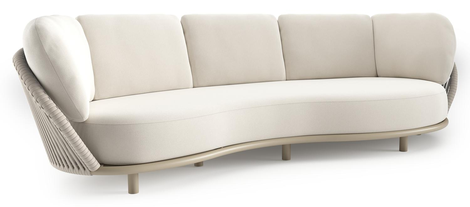 Lupino loungebank in beige aluminium en beige verticaal geweven luxe vlakke brede rope met savane white all weather sunbrella® luxe kussen