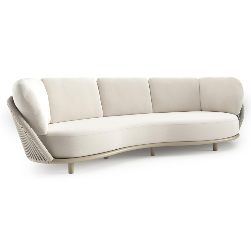 Lupino loungebank in beige aluminium en beige verticaal geweven luxe vlakke brede rope met savane white all weather sunbrella® luxe kussen