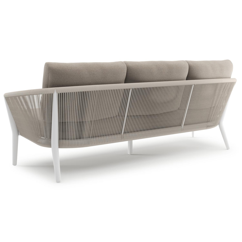 Canapé de jardin Orso en aluminium blanc en corde ronde tissée verticalement beige et coussins en all weather sunbrella® luxe Savane Coconut