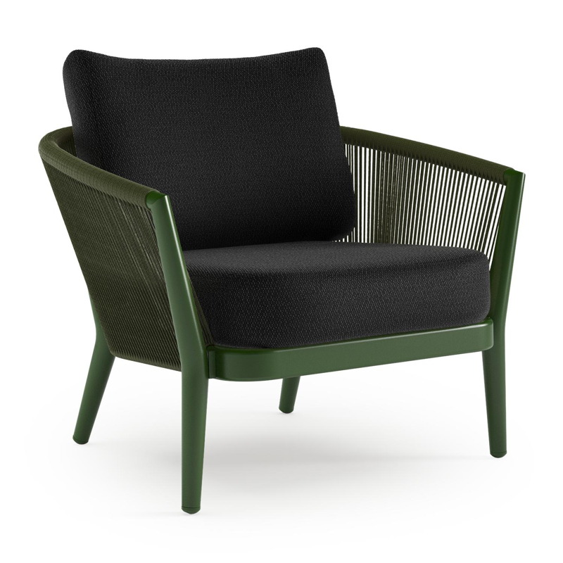 Orso loungestoel in groen aluminium en groen verticaal geweven ronde rope met Lopi Baribal all weather sunbrella® luxe kussen