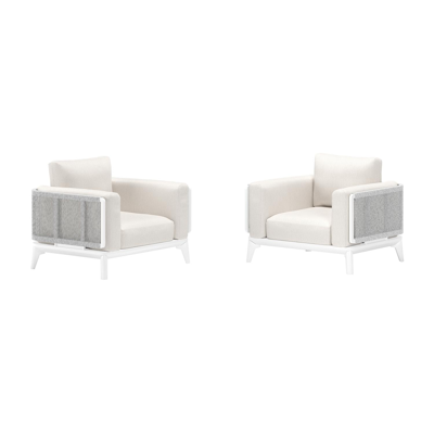 Set van 2 Mosa loungestoelen 2 x 1-zit in wit aluminium en wit gedraaide ronde wicker met sand weather+ softtouch kussen