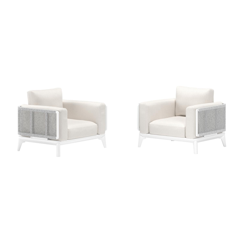 Set van 2 Mosa loungestoelen 2 x 1-zit in wit aluminium en wit gedraaide ronde wicker met sand weather+ softtouch kussen