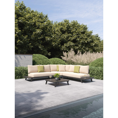 Bolzano loungehoek in zwart aluminium met rustic weather+ softtouch kussens