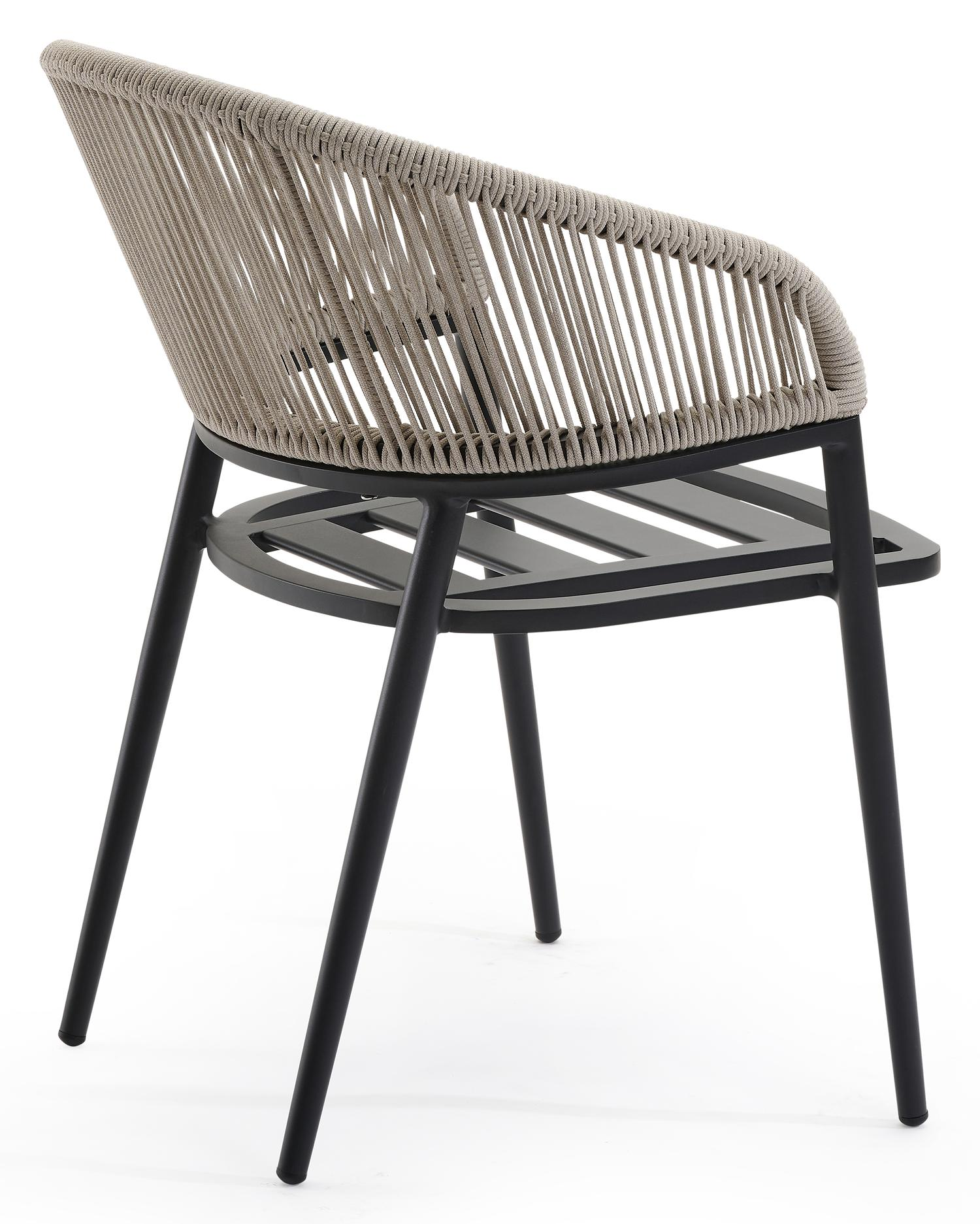 Lacrima tuinstoel in zwart aluminium en beige verticaal geweven ronde rope 