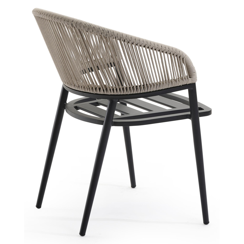 Lacrima tuinstoel in zwart aluminium en beige verticaal geweven ronde rope 