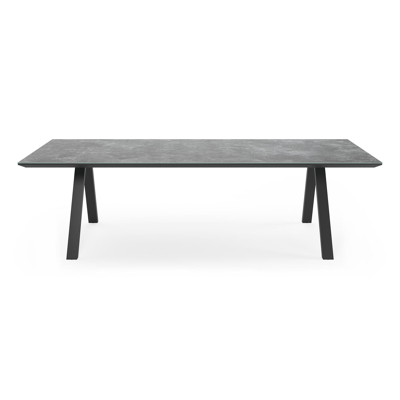 Puglia tuinset in zwart aluminium en grijs keramisch glas tafelblad met 8 Rivo tuinstoelen