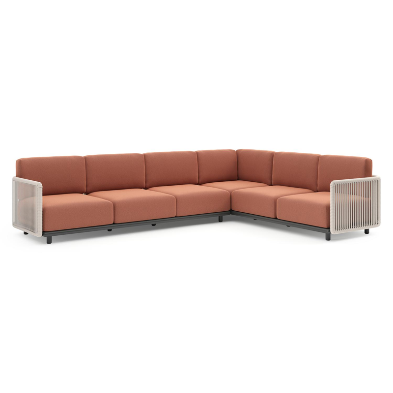 Organo loungehoek in zwart aluminium en beige verticaal geweven luxe vlakke rope met heritage rust all weather Sunbrella® luxe kussen