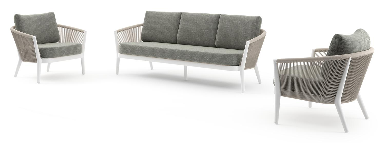Orso loungeset in wit aluminium en beige verticaal geweven ronde rope met Slow Fern all weather sunbrella® luxe kussen