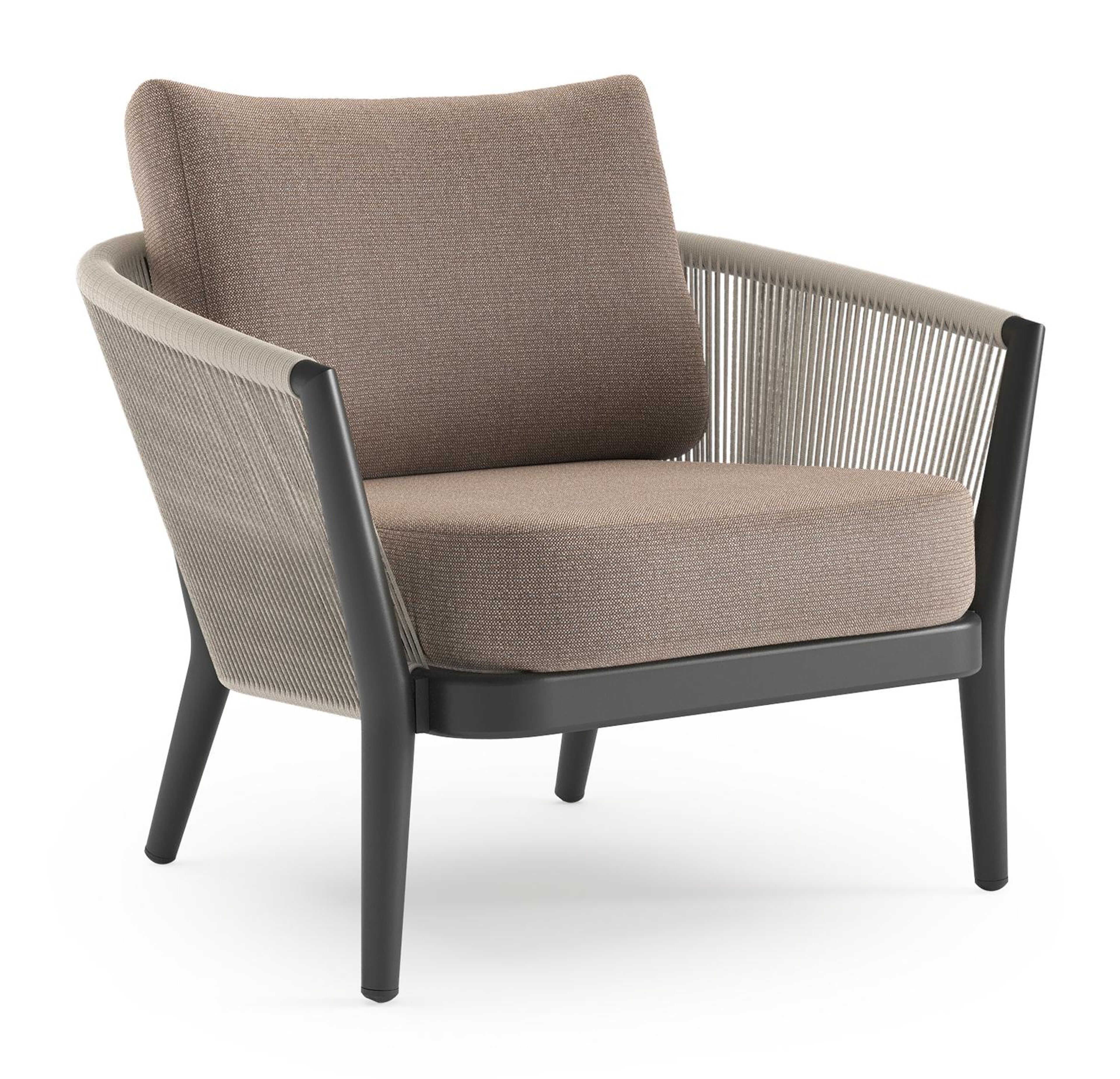 Orso loungestoel in zwart aluminium en beige verticaal geweven ronde rope met Savane Earth all weather sunbrella® luxe kussen