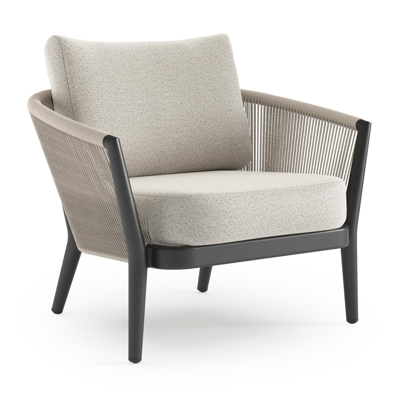 Orso loungestoel in zwart aluminium en beige verticaal geweven ronde rope met Firenze Natural all weather solica kussen