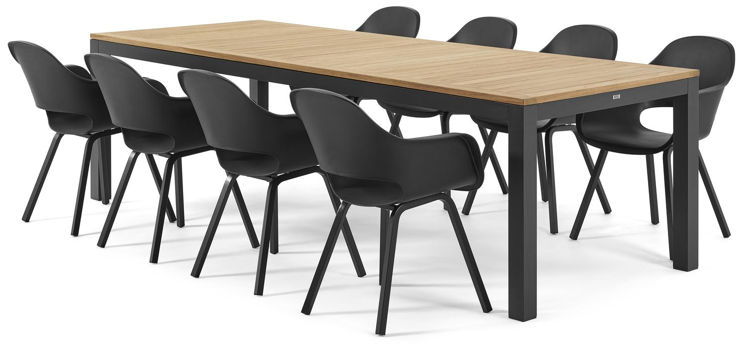 Varese tuinset in zwart aluminium en naturel teak tafelblad met 8 Artena tuinstoelen