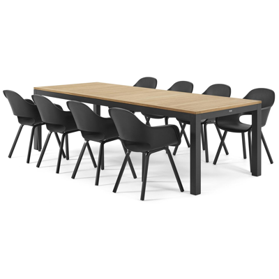 Ensemble de jardin Varese en aluminium noir avec plateau de table en teck naturel et 8 chaises de jardin Artena