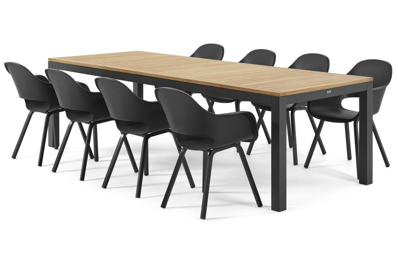 Ensemble de jardin Varese en aluminium noir avec plateau de table en teck naturel et 8 chaises de jardin Artena