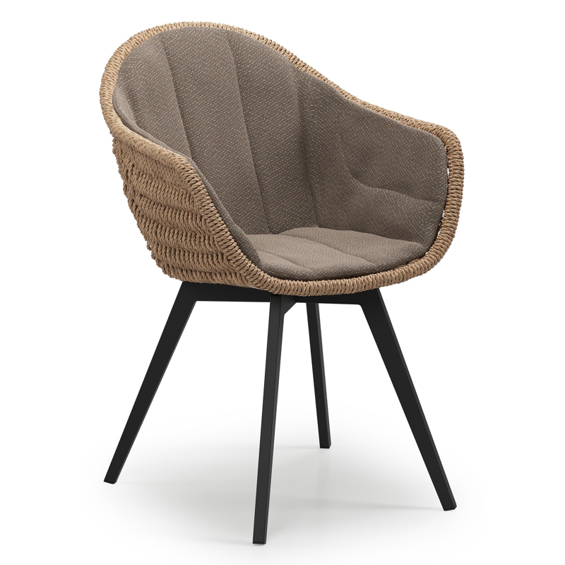 Pagino tuinstoel in zwart aluminium en naturel ronde wicker met zitkussen in All Weather Sunbrella® Luxe Lopi Coconut