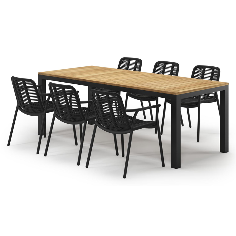 Varese tuinset in zwart aluminium en teak met 6 Berga tuinstoelen