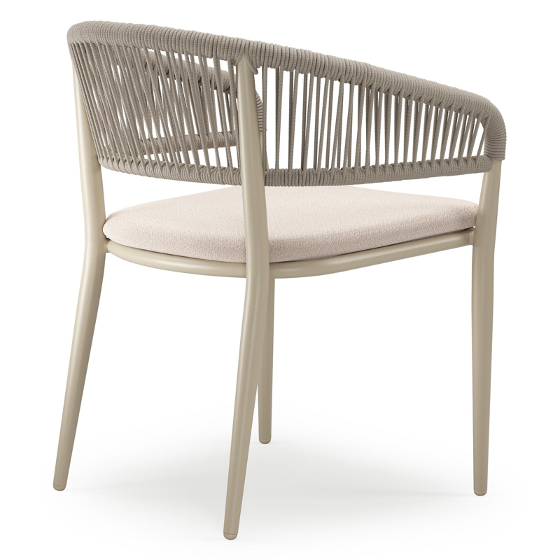 Tolfa stapelbare tuinstoel in beige aluminium en beige verticaal geweven ronde rope met stoelkussen in All Weather Sunbrella® Luxe Wander Pilat
