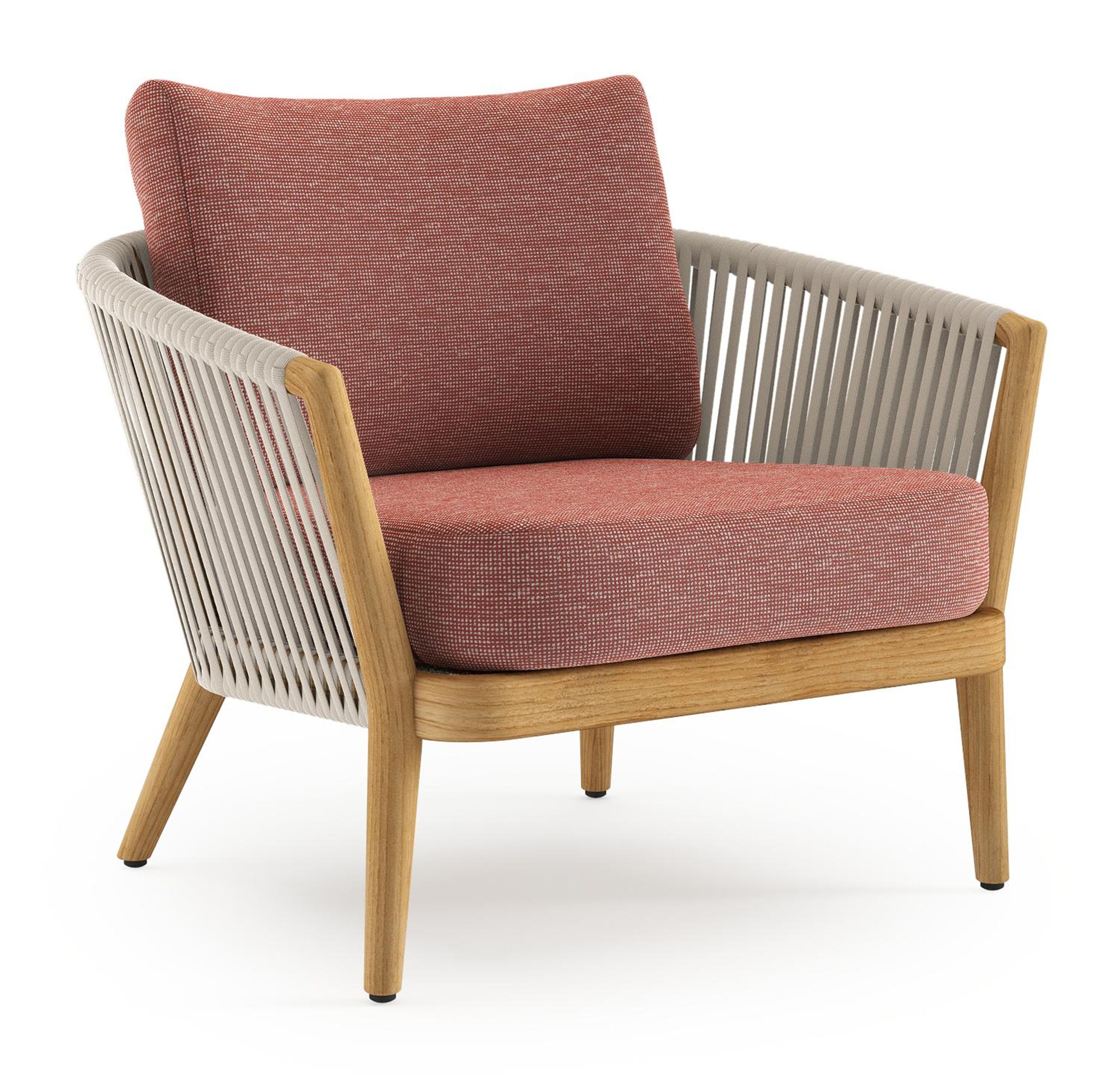 Orso loungestoel in teak en beige verticaal geweven luxe vlakke rope met Slow Alezan all weather sunbrella® luxe kussen