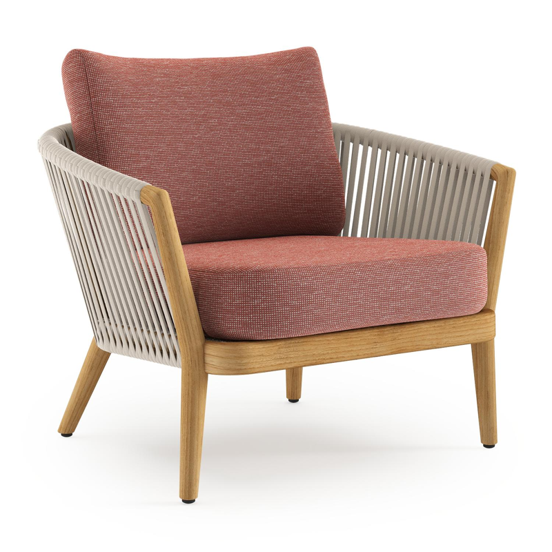 Fauteuil de jardin Orso en tecken corde luxe plate tissée verticalement beige et coussins en all weather sunbrella® luxe Slow Alezan