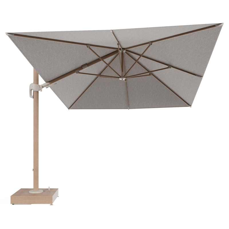 Rufina zweefparasol met tiltfunctie in houtlook aluminium en Tundra Sand All Weather Sunbrella® Luxe parasoldoek - L1 400 x L2 300 cm met parasolvoet Minore 150 kg met wielen