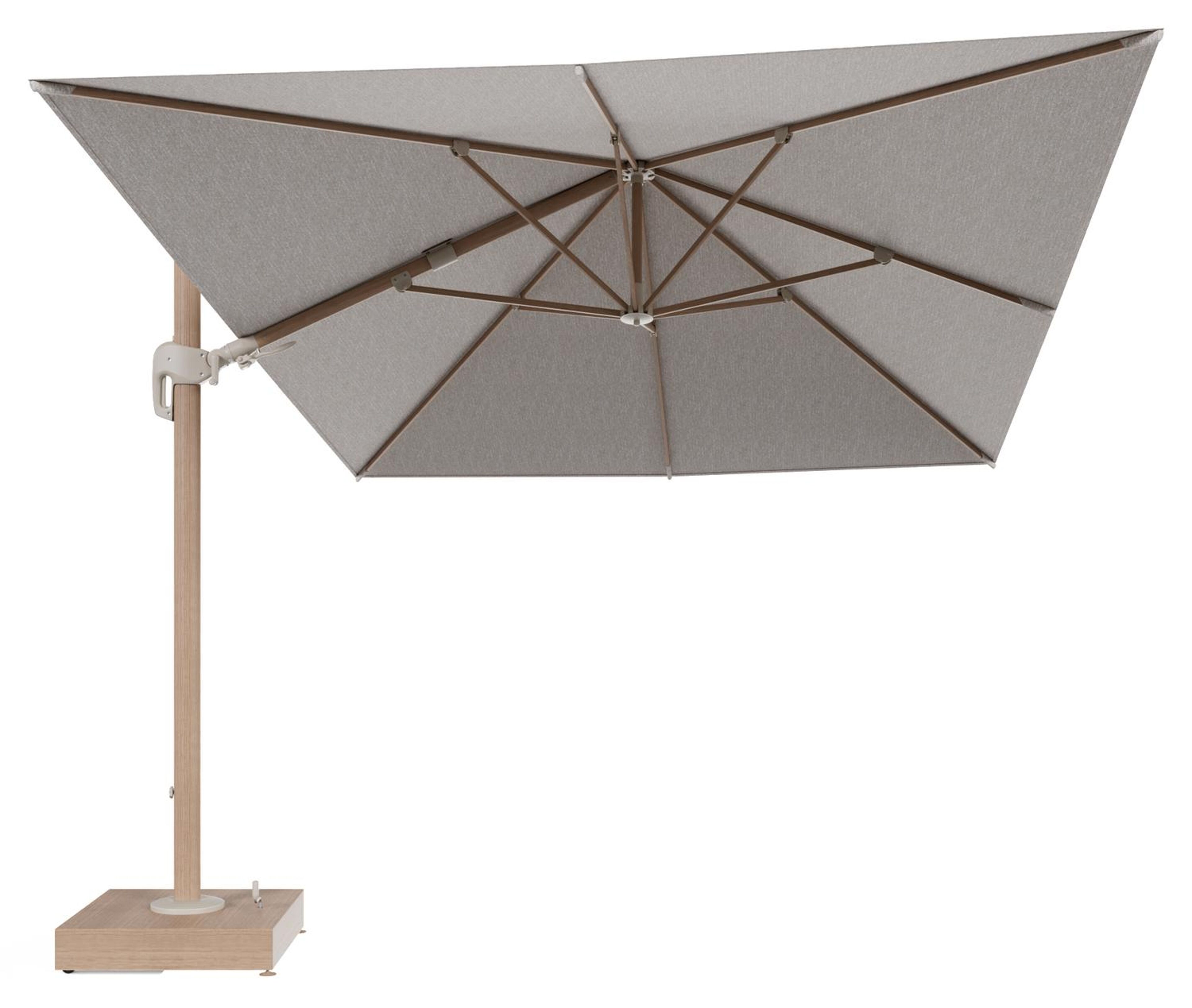 Rufina zweefparasol met tiltfunctie in houtlook aluminium en Tundra Sand All Weather Sunbrella® Luxe parasoldoek - L1 400 x L2 300 cm met parasolvoet Minore 150 kg met wielen
