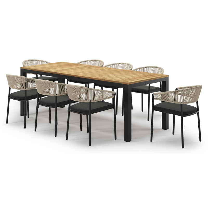 Varese tuinset in zwart aluminium en teak met 8 Zamora tuinstoelen