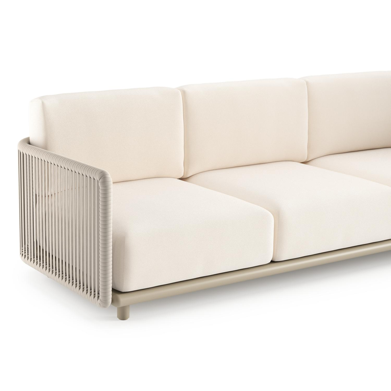 Organo loungehoek in beige aluminium en beige verticaal geweven luxe vlakke rope met lopi snow all weather Sunbrella® luxe kussen