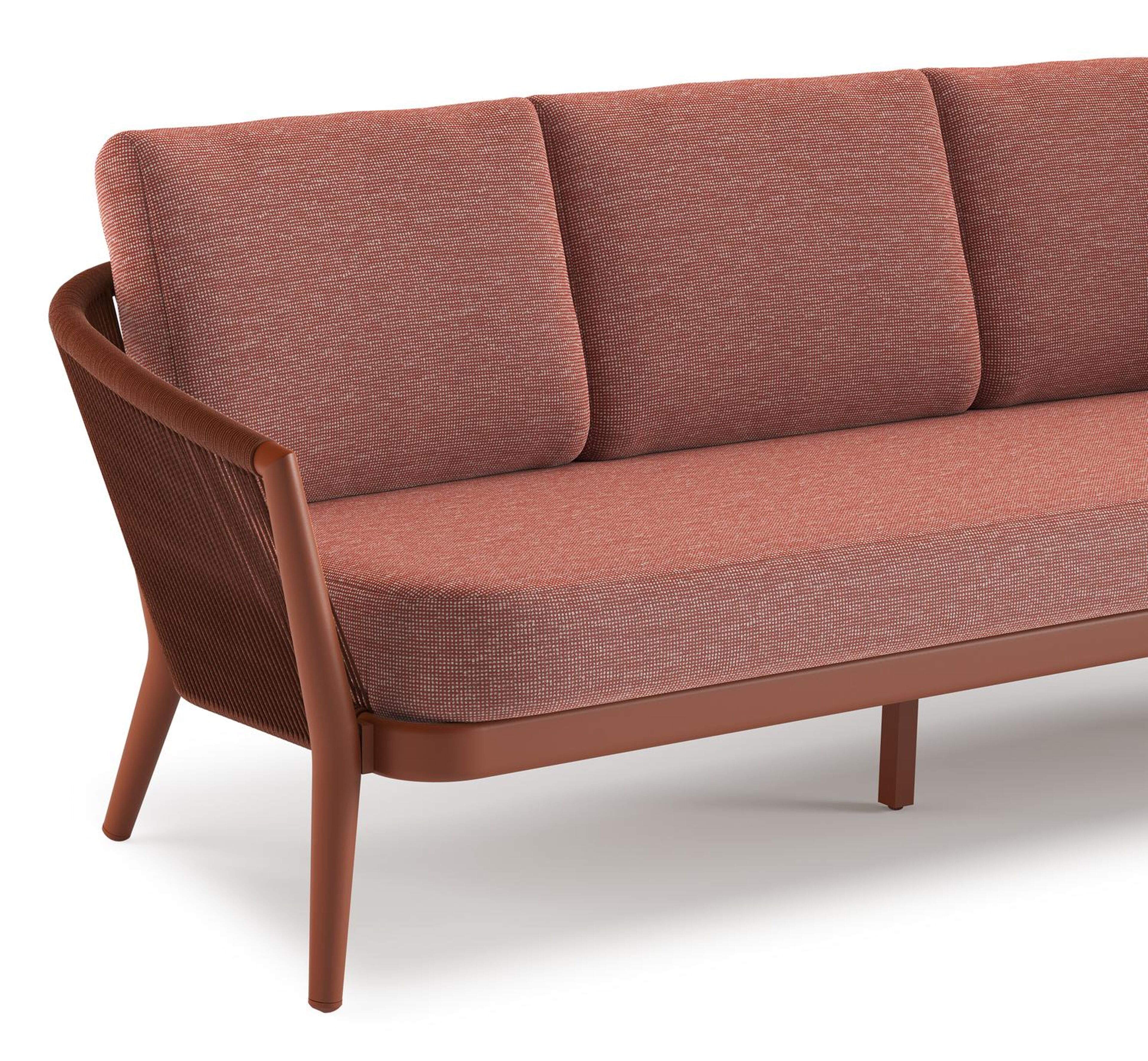 Salon de jardin Orso en aluminium brun rouille en corde ronde tissée verticalement brun rouille et coussins en all weather sunbrella® luxe Slow Alezan