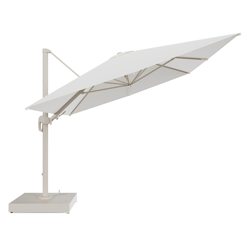 Parasol pendant Rufina avec fonction tilt en aluminium beige et toile de parasol All Weather Sunbrella® Luxe Natte White - Lg.1 400 x Lg.2 300 cm avec pied de parasol Minore 260 kg avec roulettes