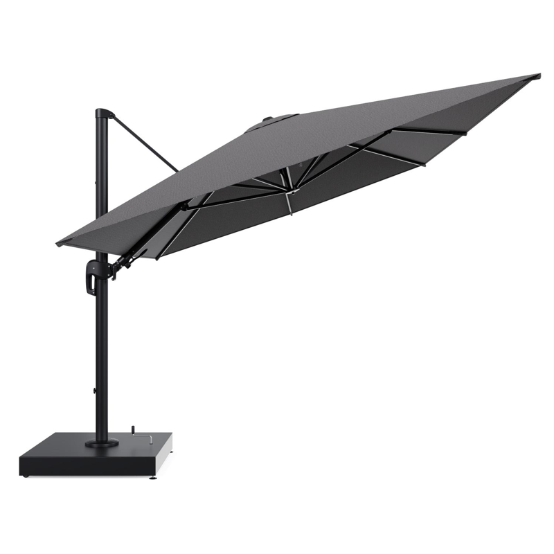 Rufina zweefparasol met tiltfunctie in zwart aluminium en Firenze Tunder All Weather Solica parasoldoek - L1 400 x L2 300 cm met parasolvoet Minore 260 kg met wielen