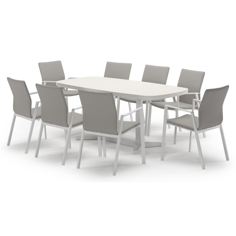 Tarsia tuinset bootvorm in wit aluminium en sintered stone Crema minerale met 8 Madura tuinstoelen